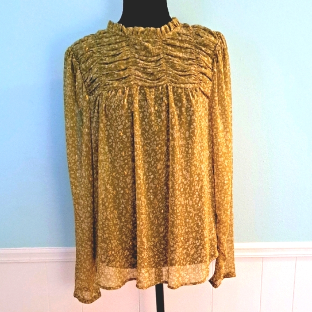 MAISON D'AMELIE Sheer Olive Green Long-Sleeve Blouse w/Gold Flecks, Size: M